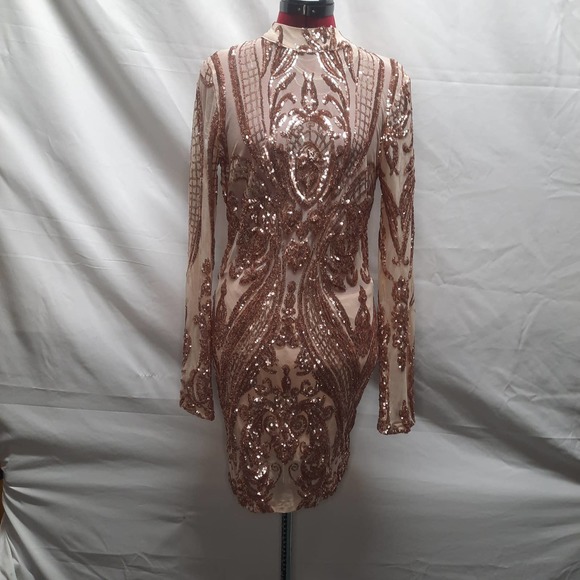 A'GACI Sheer mesh Rosegold sequin formal cocktail holiday party dress LG - Picture 1 of 8
